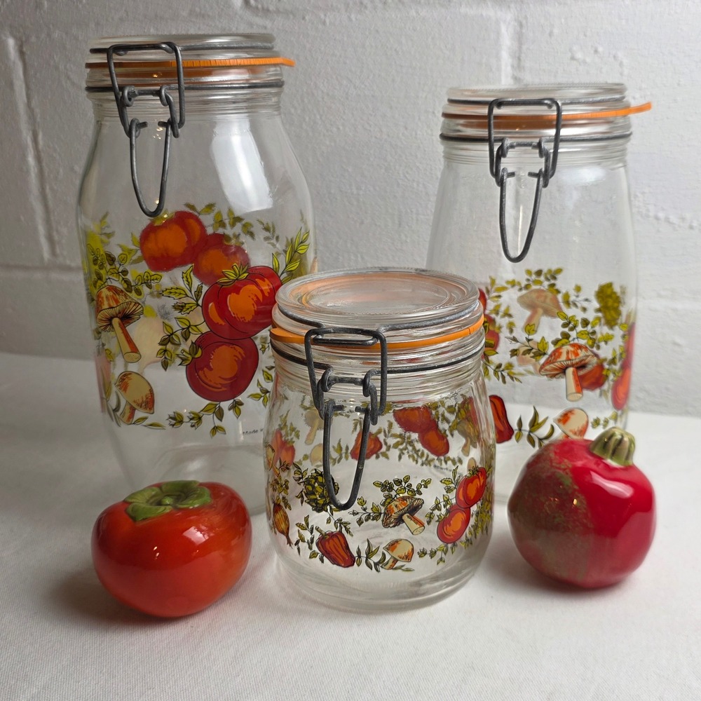 Vintage 3 French Glass Canister Set Garden Vegetable Mushroom Wire Bail Jars